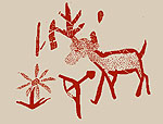 ภาพลายเส้นดอกไม้ คนคล้ายกำลังโก่งธนู และกวาง?